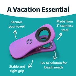 Core Clips Beach Towel Clips, 3" Stainless Steel Pool Towel Holder with 2.5" Large Opening Cruise Towel Clips for Loungers, Heavy Duty Clips for Boat & Beach, Set of 4 Big Clips - Purple
