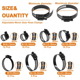 Litoexpe 60 Pack Black Hose Clamps, Stainless Steel Worm Gear Clamps Assortment Kit Adjustable 6-38mm Range for Plumbing Automotive Applications