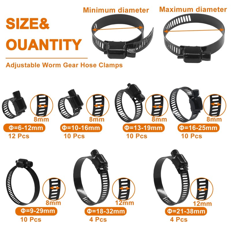 Litoexpe 60 Pack Black Hose Clamps, Stainless Steel Worm Gear