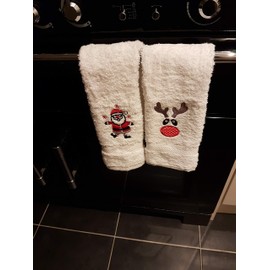 Lex's Linens Set of 2 Embroidered Rudolph & Santa Guest Towels (1 of Each)