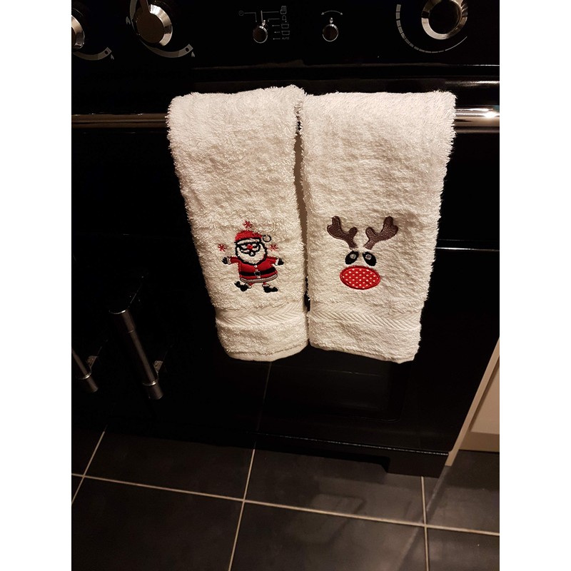 Lex's Linens Set of 2 Embroidered Rudolph & Santa Guest