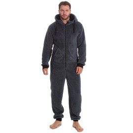 Slumber Hut Mens Snuggle Fleece Hooded Onesie - Warm Shaggy Hooded All in One Pyjamas - Elasticated Cuffs, Charcoal Grey , L/XL 44inches-46inches