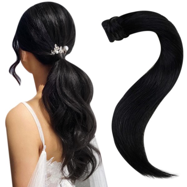 Easyouth Jet Black Ponytail Hair Extensions Human Hair Ponytail Extension #1 Jet Black Human Hair Ponytail Extensions Pony Tails Hair Extensions Natural 20Inch 80g
