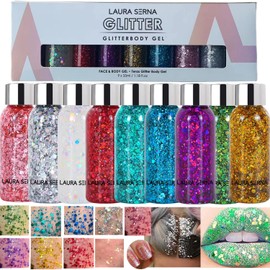 Paquete de 9 Gel Con Purpurina Corporal, Lentejuelas de Sirena, Purpurina Gruesa, Cara, Pelo, Uñas, Labios, Brillo, Loción Duradera, Brillo, Sombra de Ojos Líquida, para Festivales, Cumpleaños