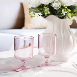 Singhoow 100 Packs 8oz Acrylic Reusable Plastic Wine Glasses Bulk Wedding Disposable Short Stem Party Goblet Cup Vintage Milkshake Cordial Unbreakable Cocktail Drink Water Bars Stemware (Clear)