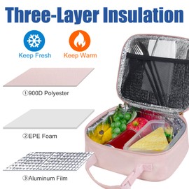 Aosbos Insulated Lunch Bag for Women - Cute Small Quilted Lunch Box Cooler for Work, Office, Picnic - Soft, Portable Adult Lunch Bags, Pink