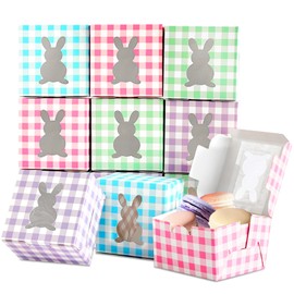 Jremreo 12 Pack 4x4x2.6 Inches Colorful Bunny Boxes with Window, Buffalo Plaid Kraft Cardboard Goodie Cupcake Strawberry Treat Candy Box for Easter Day, Spring Decorations, Gift Containers Party Supplies