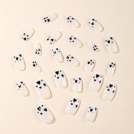 Valentine Press on Nails Medium Square Fake Nails White False Nails Black Heart Artificial Nails Full Cover Glue on Nails Cute Acrylic Nails Glossy Stick on Nails for Women Valentine Manicure