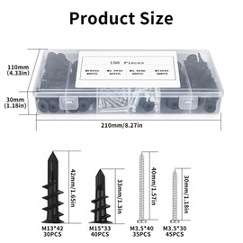 150 Pcs Self Drilling Plasterboard Fixings Heavy Duty, Raw Plugs and Screws for Plasterboard Wall Plugs and Screws, Nylon Drywall Hollow Cavity Wall Fixings Anchors Screws and Drywall Anchors, Black