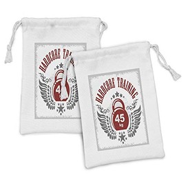 Ambesonne Fitness Fabric Pouch Set of 2, Bodybuilding Themed Emblem in Vintage Style Hardcore Training Wings Stars, Small Drawstring Bag for Toiletries Masks and Favors, 9" x 6", Red White Grey