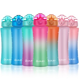 OLDLEY Kids Water Bottle with Straw 15 oz BPA-Free Leak-Proof Motivational Water Bottles with Time Marker for School Sports Travel Gym, Easy to Use for Girls Goys, 1 Straw Lid, Rose-Red Green