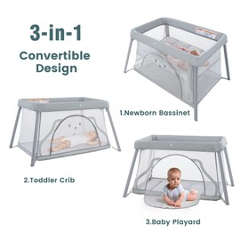 Travel Crib, 3 in 1 Portable Crib for Baby,Lightweight Baby Travel Playpen for Babies to Toddler, Foldable Travel Playard with Comfortable Mattress (Light Grey)
