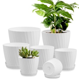 YNNICO Plant Pots with Drainage Holes and Saucers, 7.5, 7, 6.5, 6, 5.5, 4.5, 3.5 Inches, 7 Pots, White