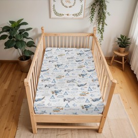 Vintage Planes Airplanes Helicopters Baby Crib Sheets Boy Girl 28"x52" Retro Stars Plane Clouds Sky Soft Stretchy Fitted Crib Mattress Cover Baby Sheet for Standard Crib & Toddler Mattress Pad