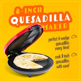 Taco Tuesday Deluxe 8-Inch 6-Wedge Electric Quesadilla Maker with Extra Stuffing Latch, Red