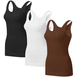 EUYZOU Women's 3PK Tummy Control Shapewear Tank Tops - Seamless Body Shaper Compression Top - Black/White/Coffee L