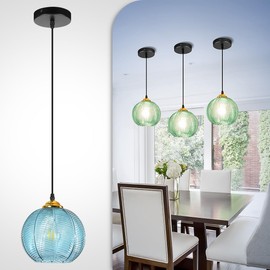Pendant Light Kitchen Island, Single Blue Glass Pendant Lighting, Vintage Globe Hanging Chandelier for Dining Bedroom Decor, Adjustable Cord