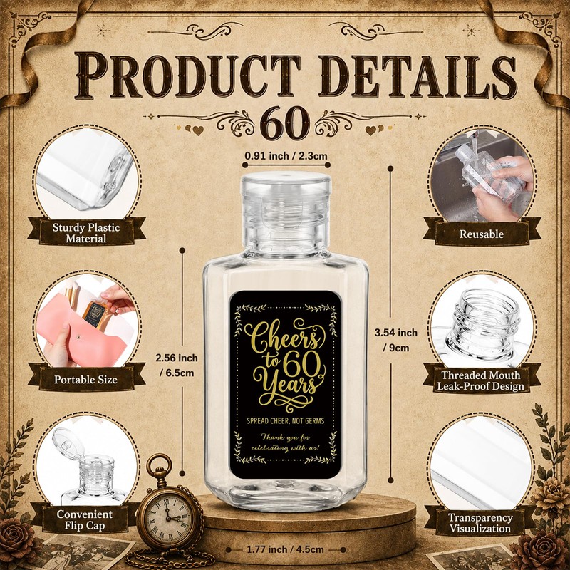 50 Sets 60th Party Favors Empty Hand Sanitizer Bottles