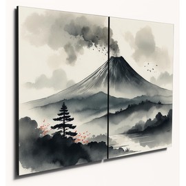 The Plum Penguin Serene Volcano Nihonga-Inspired A4 Wood MDF Wall Art Duo, Tranquil Nature Scene