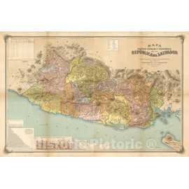 Historic Map - Mapa Polìtico Escolar y Telegràfico de la Republica del Salvador/First Map of El Salvador, 1887, Guillermo J. Dawson - Vintage Wall Art 24in x 16in