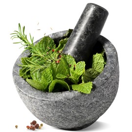 Koville African Natural Granite Mortar and Pestle Set, Grinder Bowl for Guacamole, Salsa, Pill Crusher, Spice, Herb, Garlic, Nut, Heavy Duty Grinder for Kitchen (Sandblasted Finish)