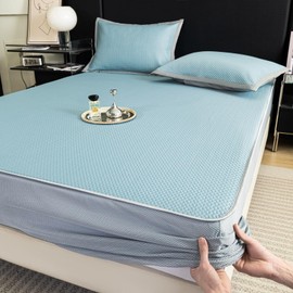 PAJEO King Size Mattress Protector, 1 PCE Mattress Pad with 2 Pcs Pillowcase, Elastic Fitted Mattress Cover, Stretches up 8-16" Deep (King, Blue)