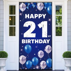 HTDZZI Happy 21st Birthday Decorations for Him & Her – Blue & Silver 21st Birthday Banner Backdrop, Yard Sign, Photo Props, Door Background Party Décor Supplies for Men & Women, Indoor & Outdoor Use