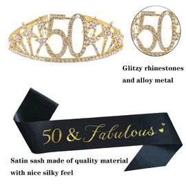 Happy 50th Birthday Tiara and Sash Gifts Crystal Rhinestone Princess Crown Birthday Queen Party Favor Supplies Gold Crowns Black Sash