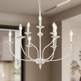 Maxax French Country Chandelier, 2-Tier 9-Light Farmhouse Antique White Candle Pendant Light Fixture for Dining Room, Living Room, Kitchen, 31" Rustic