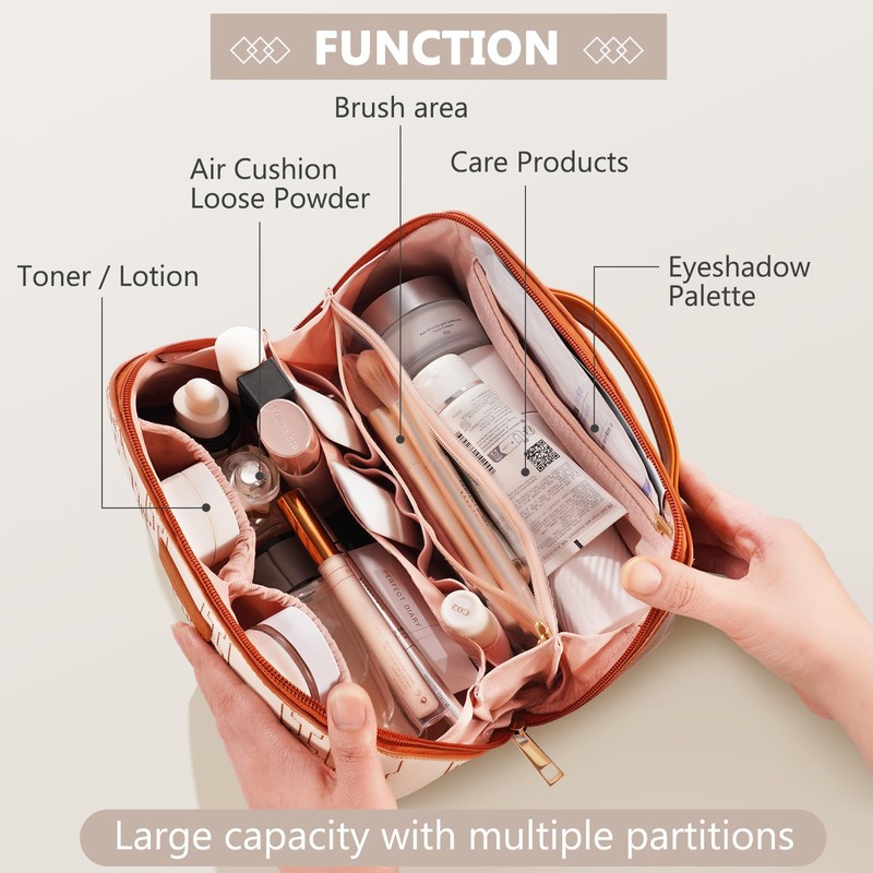 Premium PU Leather Waterproof Makeup Organizer Bag with Dividers,Handle, and