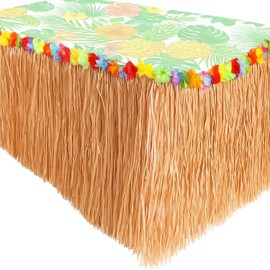 GiftExpress 9 Feet x 29.5" Luau Grass Table Skirt - Hawaiian Theme Party Skirt with Hibiscous Flower Decoration - Fringe Raffia Natural Straw Colored Backdrop for Luau Tropical Theme Décor
