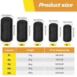 GliCraft 5 Pcs Compression Sacks for Backpacking 5L/10L/15L/20L/35L Camping Sleeping Bag Stuff Sack Water Resistant Sleeping Bag Storage Sack for Space Saving Hiking Gear (Black)