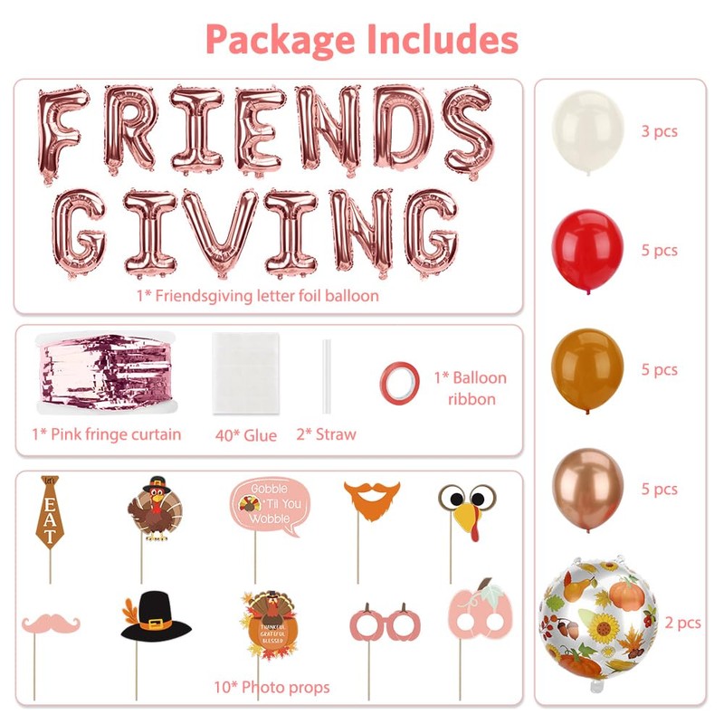 Friendsgiving Party Decorations, Thanksgiving Balloons Kit Includes Pink "FRIENDS GIVING"