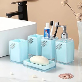 Blue Bathroom Accessories Set,Soap Dispenser,Soap Dish,Toothbrush Holder, Tumbler,Toilet Brush and Holder, Acrylic Bathroom Accessories Set Complete, Modern Bathroom Décor, Gift for Home (Blue)