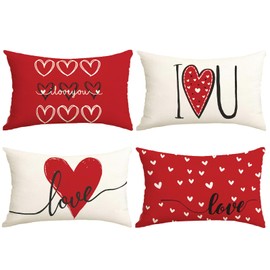 Valentines Day Decorations-Valentine Pillow Covers 12x20 Set of 4, Red Hearts I Love You Happy Valentine's Day Throw Outdoor Pillow Covers Anniversary Wedding Cushion Case for Home Sofa Couch Decor
