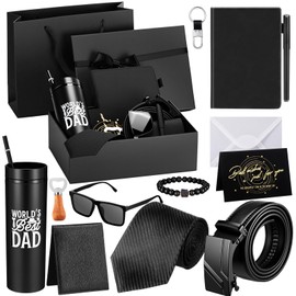 Tioncy 12 Pcs Men Birthdays Father's Day Gift Set with Box Basket Tumbler Wood Bottle Opener PU Leather Wallet Tie Belt Keychain Sunglasses Pen Journal Gift Box and Bag Set for Husband (Super Dad)
