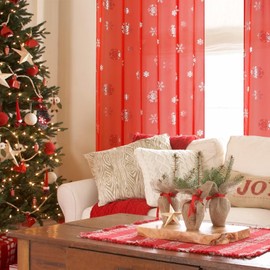 MikiUp Christmas Snowflakes Sheer Curtains, Silver Foil Printed Semi Sheer Drapes for Bedroom Living Room, 52 x 95 inch Red