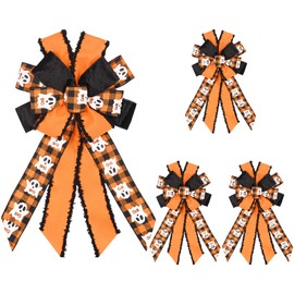4 Pack Large Halloween Wreath Bows Pre Tied Halloween 21x11 Inch Wired Ribbon Decorative Tree Topper Bow for Front Door Indoor Outdoor Harvest Decorations