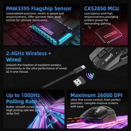 IFYOO G03 RGB Wireless Rechargeable Gaming Mouse, 2.4G/Wired Dual Mode Game Mice，PAW3395 Sensor, 26K DPI, Replaceable L/R Switches, Swappable Top Case, 80g Lightweight, 6 Programmable Buttons - Black