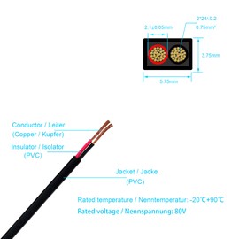 BEIJISTAR 5M 2x0.75mm² Automotive Flat Twin Cable, 12V 24V 2 Core Red/Black Trailer Cable, 2 Core Thin Wall Electricl Wire Car Cable for Caravan Truck RV Trailer 5/10/20 Meters