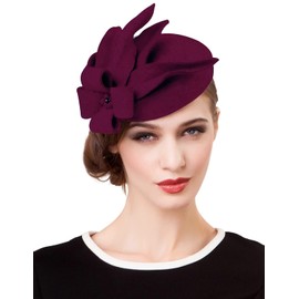 ELLYDOOR Wool Felt Fascinator Pillbox Hat Winter Church Derby Hat for Women Wedding Tea Party Burgundy