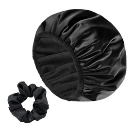 Yonchic Three-Layer Terry Cloth Lined Satin Shower Cap, with Silk Hair Ties, Microfiber Waterproof Reusable Large Size Shower Cap for Women Long Thick Hair (Black)