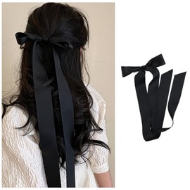 Xduargs Long Satin Silk Bow Hairclip Barrette Vintage Silk Satin Bow Hair Clip Long Tails Ribbon Bow Hairclip Pin Silky Satin Hair Bow Clips French Handmade Long Bow Hair Accessories for Women (Black)