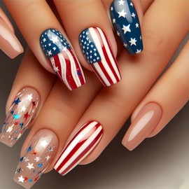 Independence Press on Nails Medium Square Fake Nails with American Flag Star Line Design Stick on Nails 4th of July Glue on Nails Patriotic Flag Acrylic Nails Glossy Artificial Nails for Women 24Pcs
