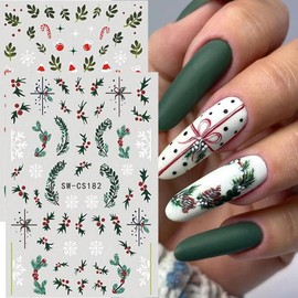 Christmas Nail Art Stickers Decals Snowflake Green Leaves Nail Decals Winter Christmas Snowman Nail Stickers 3D Self-Adhesive New Year Nail Art Decorations 4 Sheets