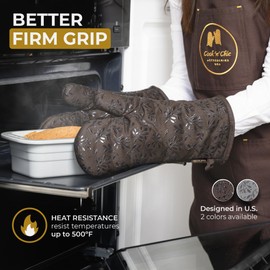 Premium Heat-Resistant Oven Mitts - Stylish and Beautiful - Non-Slip Platinum Silicone Grip - Long and Thick - 100% Natural Cotton Exterior and Soft Terry Cloth Lining - Cook'n'Chic Set of 2 - Brown