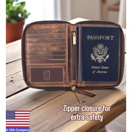Passport Wallet - Travel Document Holder w/RFID Blocking – Full Grain Leather – Bifold compact zip around Wallet with Credit Card Slots for Women and Men, brown flag, 500-32
