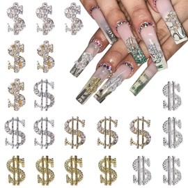 20 Pcs Money Sign Nail Charms Alloy Money Dollar Nail Art Charms with Rhinestone Gold and Silver Dollar Sign Nail Jewelry Flat Back Dollar Money Rhinestones for Nails Decoration Accessories