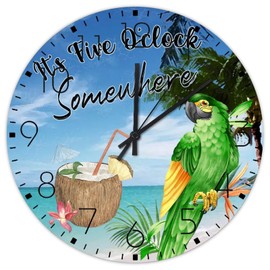 Wood Hanging Wall Clock Battery Operated Non Ticking Analog It's 5 O'Clock Somewhere Country Wall Clocks Flamingo and Coconut Coffee Decor for Nursery Patio Porch 15 Inch