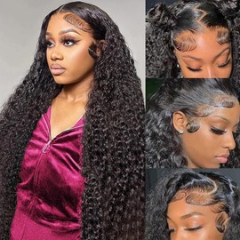 Rozilo Aomllute 36 Inch Lace Front Wig Human Hair Pre Plucked 200 Density 13x4 HD Deep Wave Lace Frontal Wigs Human Hair with Baby Hair Curly lace front Wigs for Women Natural Black